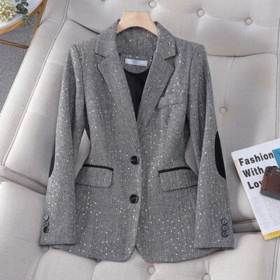 Sequins Herringbone Women Office Jacket Slim Fit Single Breasted Buttons Blazers - Image 1 of 4