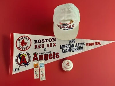 BOSTON RED SOX 1986 AL Championship LOTE pancarta de campeón, sombrero, prendedor, boletos, pelota Foto 1 de 4