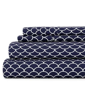   4 Piece Pattern Microfiber Bed Sheets Set, Navy Scallops, Queen - Picture 1 of 10