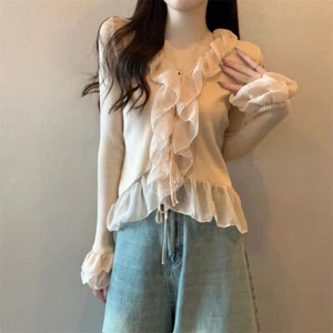 Women Ruffle Knit Sweater Cardigan V Neck Mesh Flare Sleeve Slim Fit Casual - Picture 1 of 13