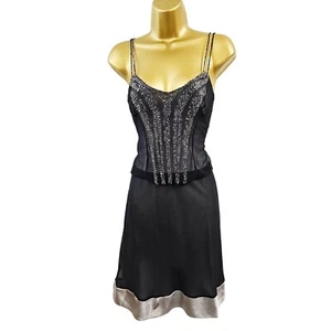 UK 10 KAREN MILLEN Vintage Black Silk Beaded Camisole Flare Dress Party Evening - Picture 1 of 11
