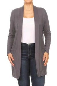 Plus Size Loose Fit Knee Length Duster Cardigan - Open Front, Long Sleeves, Side - Picture 1 of 20
