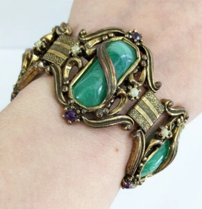 Large Art Nouveau Book Chain Green Marbled Plastic & Metal Link Bracelet - Bild 1 von 14
