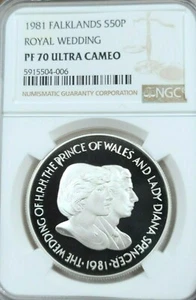 1981 FALKLAND ISLANDS SILVER 50 PENCE ROYAL WEDDING NGC PF 70 ULTRA CAMEO RARE - Picture 1 of 3