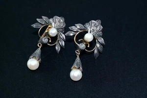 Victorian Pearl Rose Cut Diamond 18k Yellow Gold Silver Dangle Earrings Portugal - Picture 1 of 6