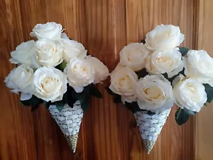 Pair of artificial cream colour roses flower & hanging Baskets Decorations - Picture 1 of 12