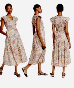 Sea New York Ines Blumen V-Ausschnitt gesmokt ärmellos Midi Maxikleid Gr. 8 Flatter - Bild 1 von 16