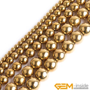 Gold Metallic Coated Reflections Hematite Round Beads For Jewelry Making 15" A+ - Picture 1 of 52