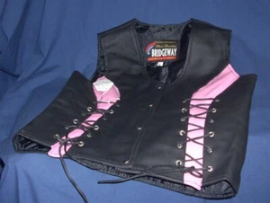 Small S Black Leather Vest w/ Pink Side Inserts Laced in Leather Cords - Picture 1 of 4