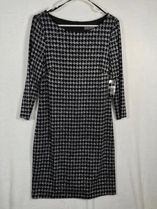 Jessica Howard Black Houndstooth Sheath Dress Size 12 Metallic Silver Print NEW - Picture 1 of 11