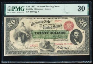 FR.197a 1863 $20 INTEREST BEARING NOTE PMG30 VERY FINE "RARE" - Picture 1 of 2