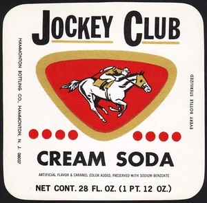 Vintage Limonadenflasche Etikett JOCKEY CLUB CREME SODA Pferd abgebildet Hammonton NJ - Bild 1 von 2
