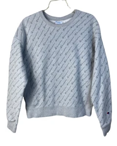 Vtg CHAMPION Reverse Weave Womens All Over Print Sweatshirt Gray Crew Neck Sz L - Picture 1 of 9