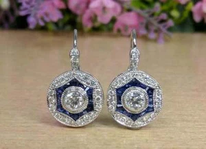Damen-Ohrhänger 2,00 kt rundgeschliffener blauer Saphir Halo 14 kt Weißgold-Finish - Bild 1 von 5