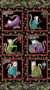 Cat-I-Tude Metallic Christmas Cats On Black Panels 100% Cotton Print Fabric - Picture 1 of 1
