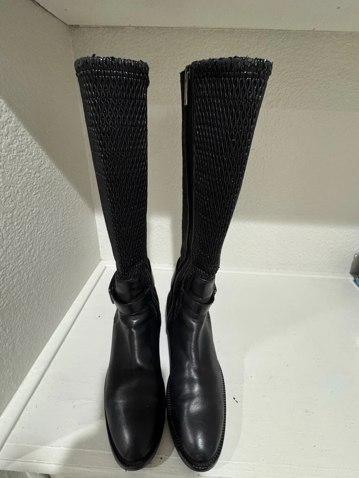 Black Leather Knee High Boots Elastic Shaft Designer Style Women's Shoes - Image 1 of 4