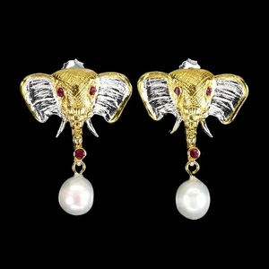 925 Sterling Silver Earrings Round Ruby Pearl Natural Gemstone Elephant Jewelry - Picture 1 of 14