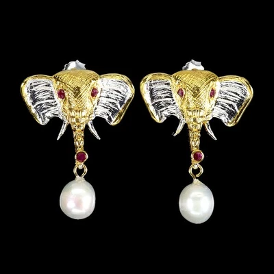 925 Sterling Silver Earrings Round Ruby Pearl Natural Gemstone Elephant Jewelry - Image 1 of 4
