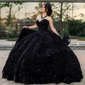 Vestido de Baile Princesa Negro Vestidos de Quinceañera Vestidos De 15 Lentejuelas Brillantes - Imagen 1 de 8