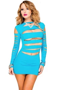 Women's Dress Neon Blue Nylon Micro Mini Bodycon Sexy Slashed Body Long Sleeves - Picture 1 of 3