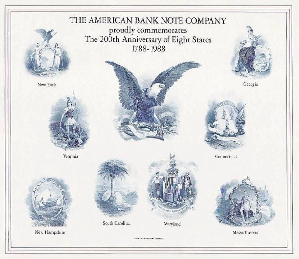 1988 ABNCo souvenir card SCCS SO59 200th Anniversary of Eight States intaglio - Image 1 of 1
