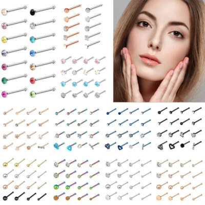 8-60件装20G直骨耳钉手术钢/玻璃鼻环唇软骨耳钉 — 第 1/4 张图片