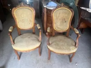 Pair of French Antique Walnut Arm Chairs - Picture 1 of 3
