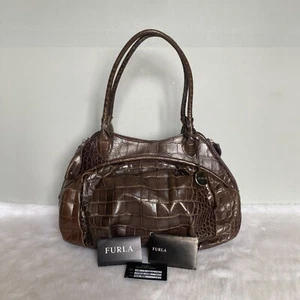 FURLA Vintage Brown Croc Embossed Leather Shoulder Bag - Picture 1 of 12