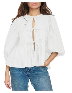 NEW Cioatin Women Bow Tie Front Shirt Top Cute Puff Sleeve, M, White - Picture 1 of 6