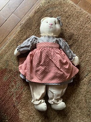 Primitive Cat Plush Kitty pink/blue floral Dress Shelf Sitter 15" Vintage - Image 1 of 4