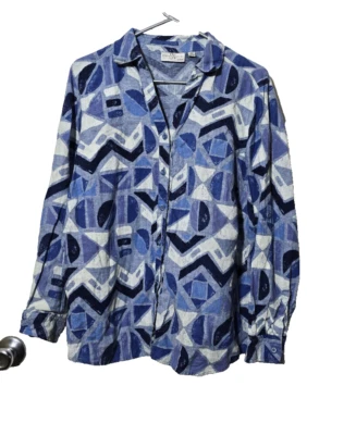 Studio Works Shirt 2X Linen Geometric Artsy Breathable Woven Button Up Boho Blue - Image 1 of 4