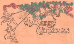 Linda cuerda querubines 1906 campanas de bayas de acebo feliz Navidad cuero postal ángel - Imagen 1 de 3