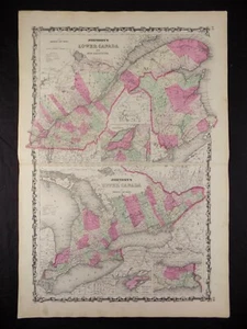 1863 MAP OF LOWER AND UPPER CANADA, MONTREAL, JOHNSON'S ATLAS, w/ C.O.A.,ORIG. - Picture 1 of 12