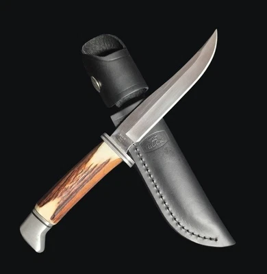 Buck 105 Hunting Fixed Blade Knife Stag Antler Custom 2025 Leather Sheath - Image 1 of 4