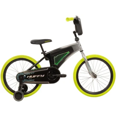 Huffy 18" Electro-Light Kids' Bike, Grey/Green, Adjustable Seat, Removable