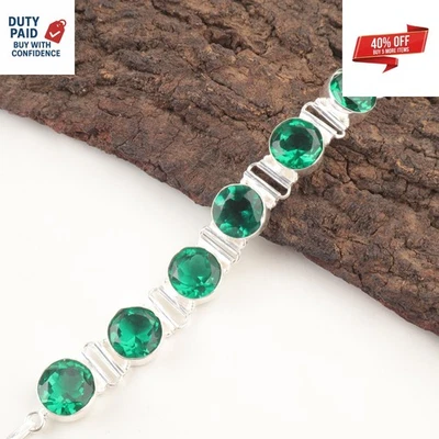 Venta de Navidad Pulsera Cadena Esmeralda Verde Natural Redonda Plata de Ley 925 Foto 1 de 4