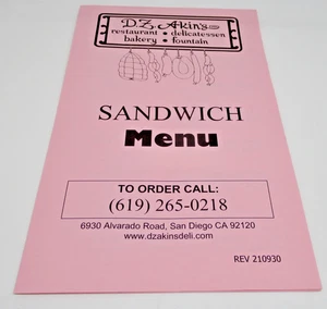 D.Z. Akins Restaurant Take-Out Menu SAN DIEGO California Alvarado Road 92120 - Picture 1 of 5