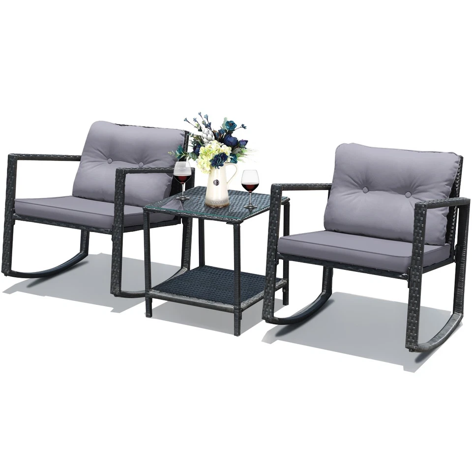 Costway 3PCS Patio Rattan Furniture Set Rocking Chairs Cushioned Sofa Gray