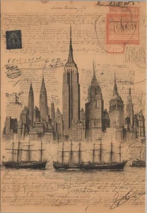 New York NYC Skyline Historic Ships & Handwriting NEW 2025 Image Card 4x6 Blank - Picture 1 of 2