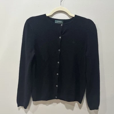 Vtg LAUREN Ralph Lauren Wool Cashmere Angora Black Sweater Cardigan PM - Image 1 of 4