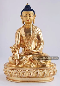 8" Medicine Buddha Gold Gilded with Face Painted Copper Statue from Patan, Nepal - Picture 1 of 4