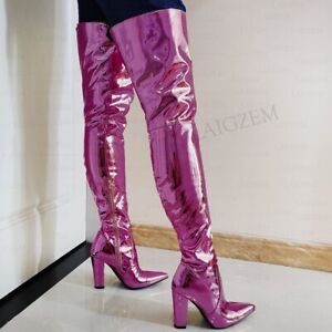 Women Thigh High Boots Metallic Colors Shiny Pointed Toe Thick High Heels Boots