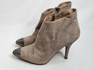 Zara Beige Suede Western Pointed Ankle Booties Studded Toe Womens Size 38/7.5 - Picture 1 of 8