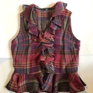 Ralph Lauren Linen Plaid Sleeveless Summer Blouse Tank Top Ruffles Red Purple M - Picture 1 of 7