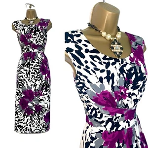 PRÉCIS PETITE Size 8 Bright Purple White Black Floral Print Bodycon Midi Dress - Picture 1 of 10