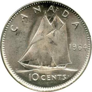 1964 CANADA 10¢ BRILLIANT UNCIRCULATED .800 SILVER DIME COIN - Picture 1 of 2