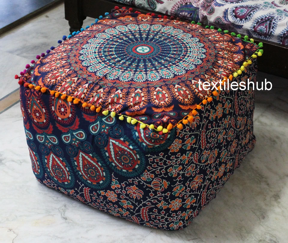 18" Mandala Square Ottoman Pouf Cover Indian Handmade Footstool Seating Cover - Image 1 of 1