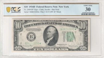 $10 1934-D FRN, Fr. 2009-B*, Scarce New York Star = Only 12 Known= PCGS-B VF 30 - Image 1 of 2
