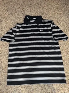 Under Armour Polo Shirt Mens Large Loose Heatgear Black Gray Striped - Picture 1 of 2