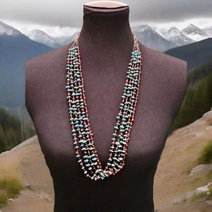 5 Strand Turquoise & Coral Nugget Necklace w Heishi Shell Beads Santo Domingo - Picture 1 of 15